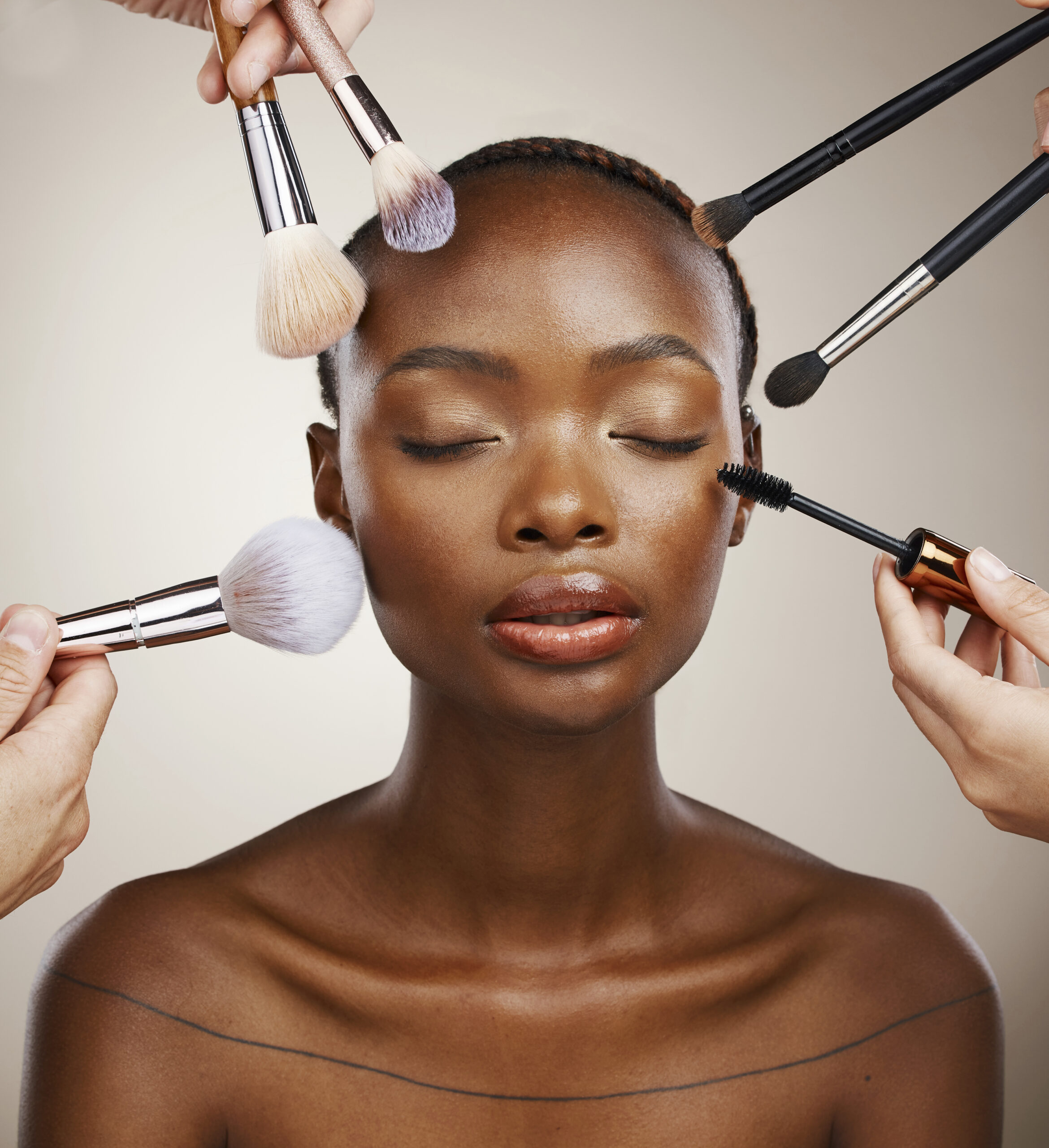 Makeup, brushes and black woman with cosmetics, skincare and der